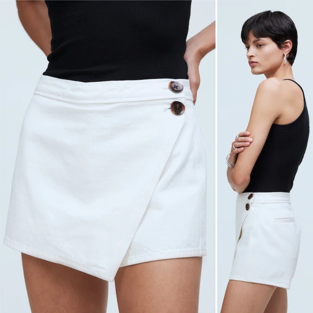 Madewell Denim Wrap Mini Skort 31 12 off-white skirt shorts buttons‎ neutral